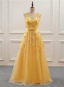Picture of Yellow Flowers Tulle Long New Prom Dresses, A-line Party Dresses